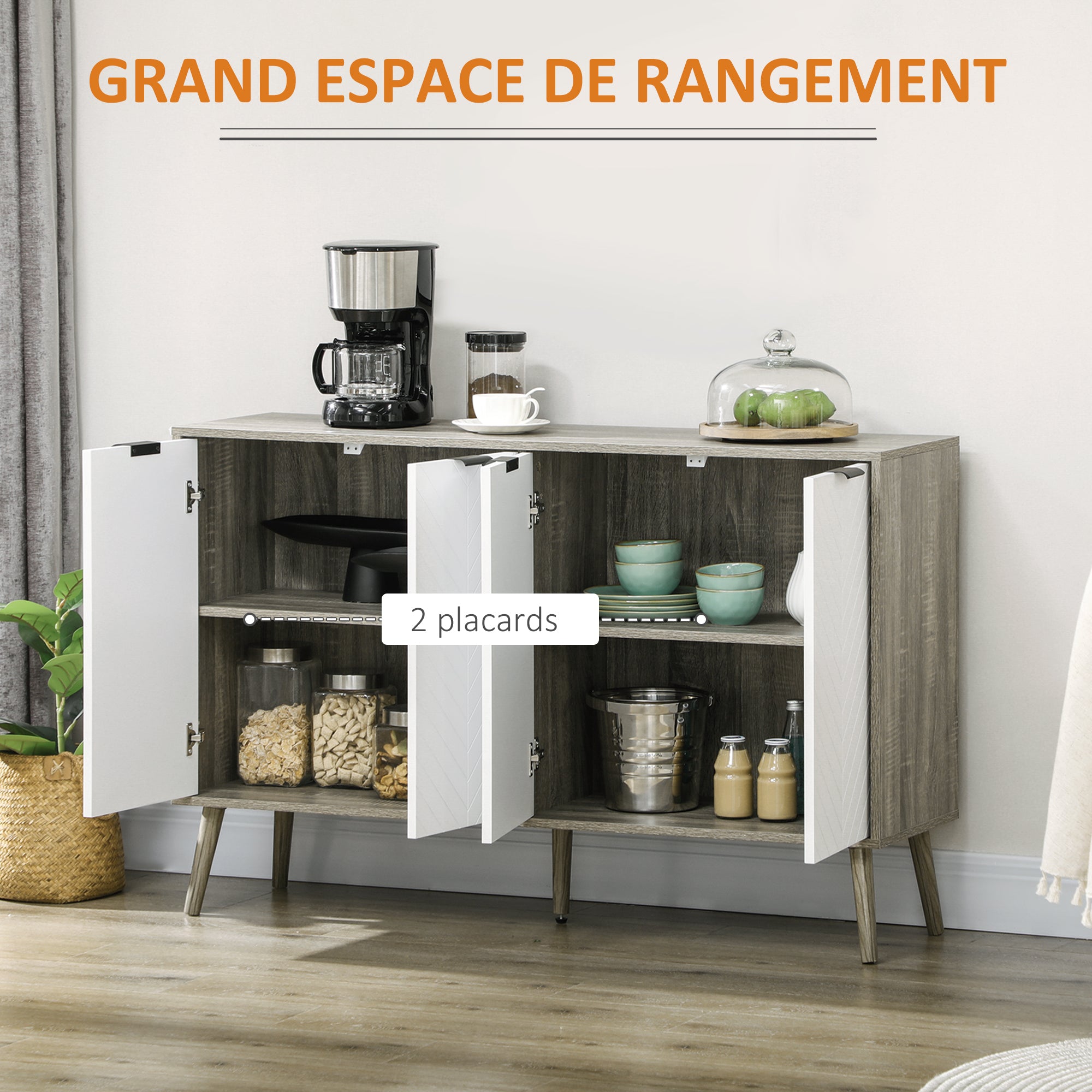 Low Sideboard, Storage Cabinet, Adjustable Shelves, 2 Cabinets, 4 Chevron Doors, for Kitchen, Dining Room, Living Room, 120 x 35 x 77.4 cm, White and Gray