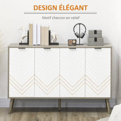 Low Sideboard, Storage Cabinet, Adjustable Shelves, 2 Cabinets, 4 Chevron Doors, for Kitchen, Dining Room, Living Room, 120 x 35 x 77.4 cm, White and Gray