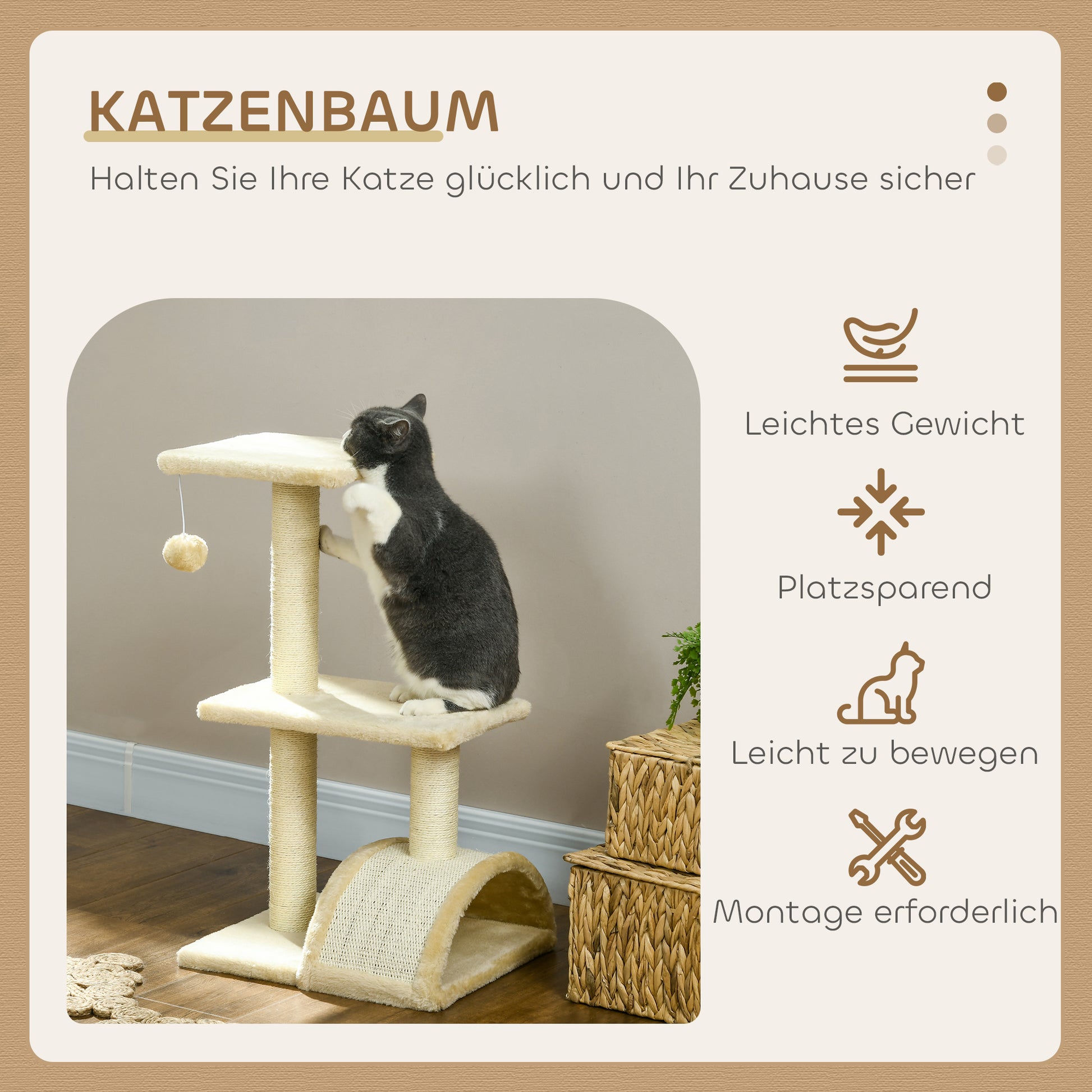 Cat Tree 72 cm Cat Tower with Plush Balls, Sisal Posts, Platform, Scratching Board Multi-Level Cat Scratching Tree, Climbing Tree, for Medium-Sized Cats, Cream White