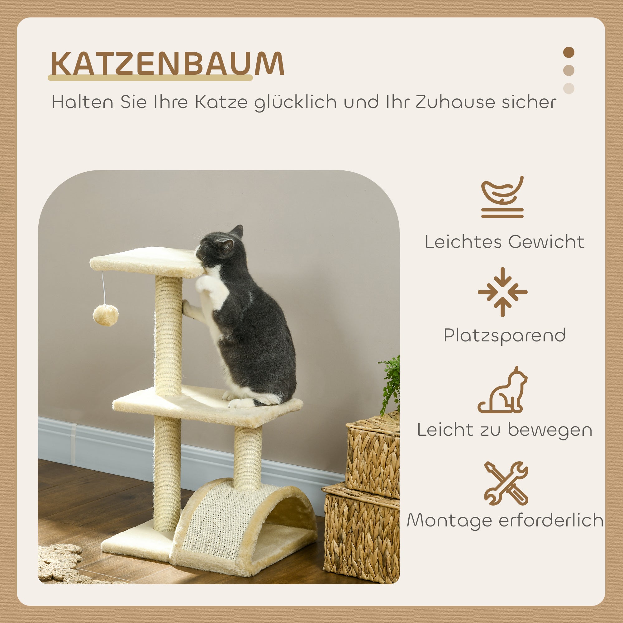 Cat Tree 72 cm Cat Tower with Plush Balls, Sisal Posts, Platform, Scratching Board Multi-Level Cat Scratching Tree, Climbing Tree, for Medium-Sized Cats, Cream White