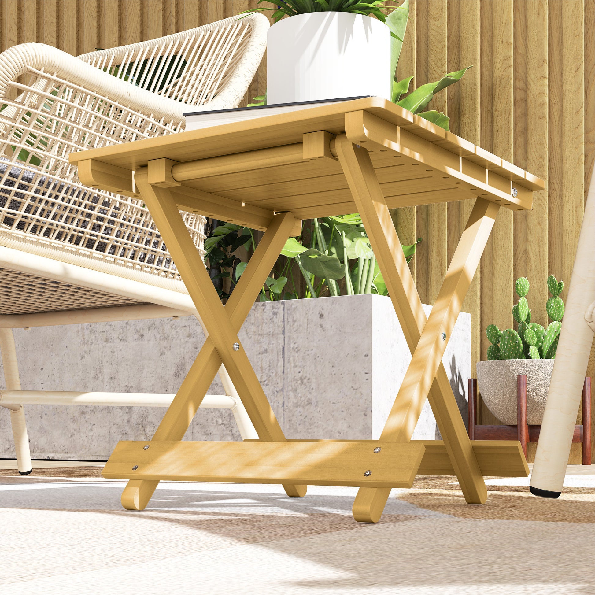 Solid Wood Folding Coffee Table, Folding Side Table, Lightweight, Slatted Top, for Balcony, Garden, Terrace, 40 x 43 x 40 cm, Natural Wood