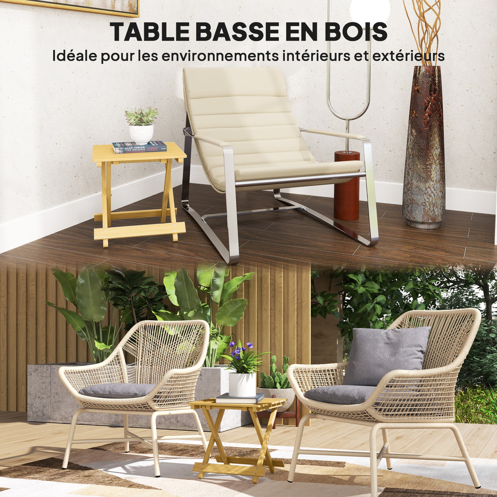 Solid Wood Folding Coffee Table, Folding Side Table, Lightweight, Slatted Top, for Balcony, Garden, Terrace, 40 x 43 x 40 cm, Natural Wood