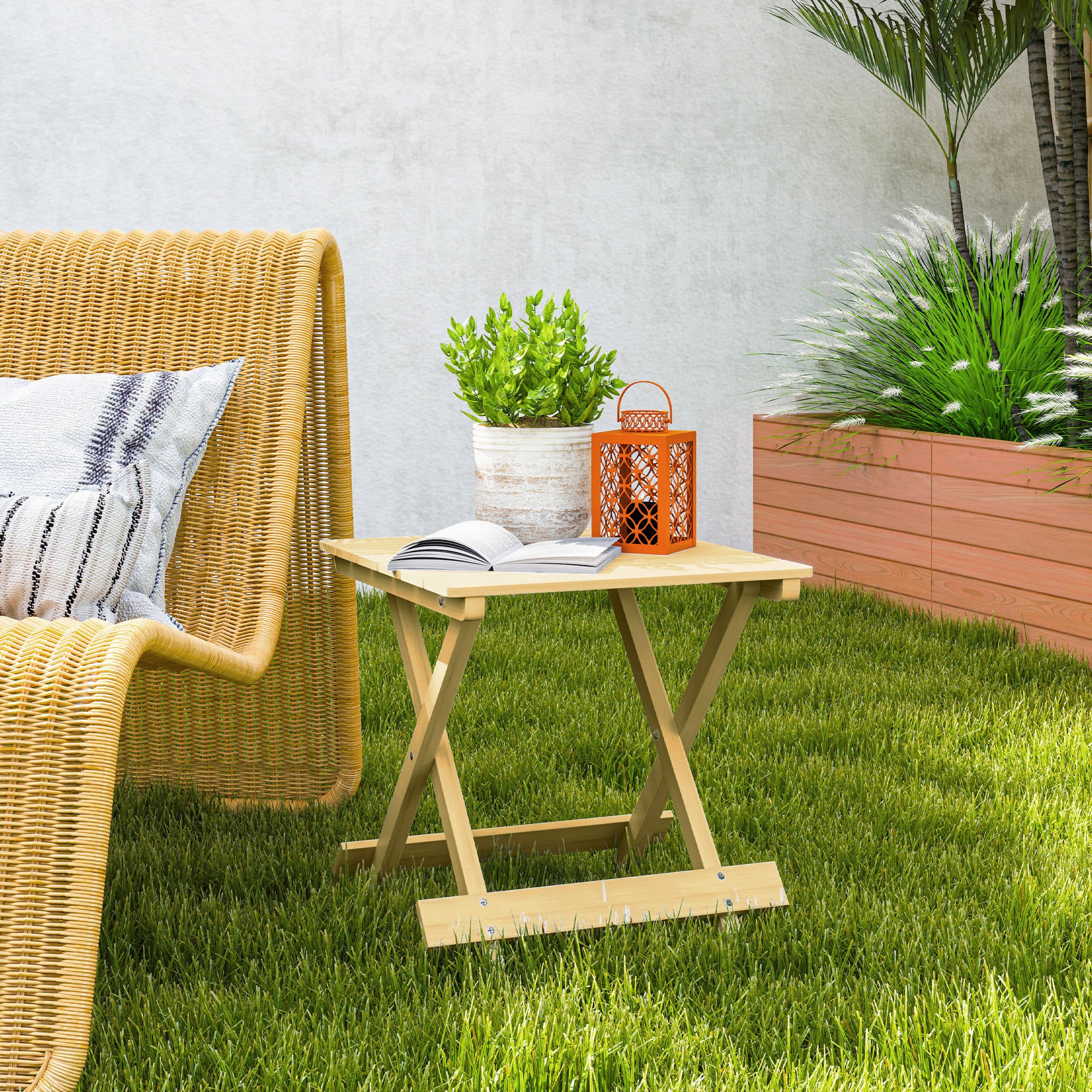 Solid Wood Folding Coffee Table, Folding Side Table, Lightweight, Slatted Top, for Balcony, Garden, Terrace, 40 x 43 x 40 cm, Natural Wood