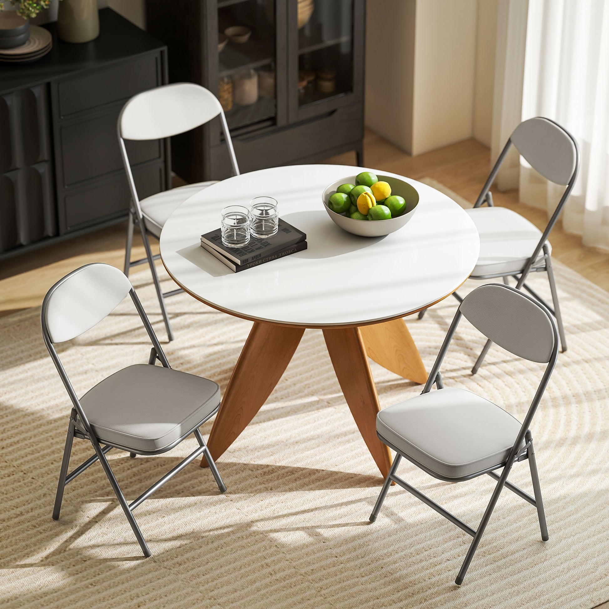 Folding Chair 4-Piece Set, Padded Back Camping Chair with Steel Frame, Kitchen Chair with Padding up to 120 kg Capacity for Guests, Office, Camping, Cream White