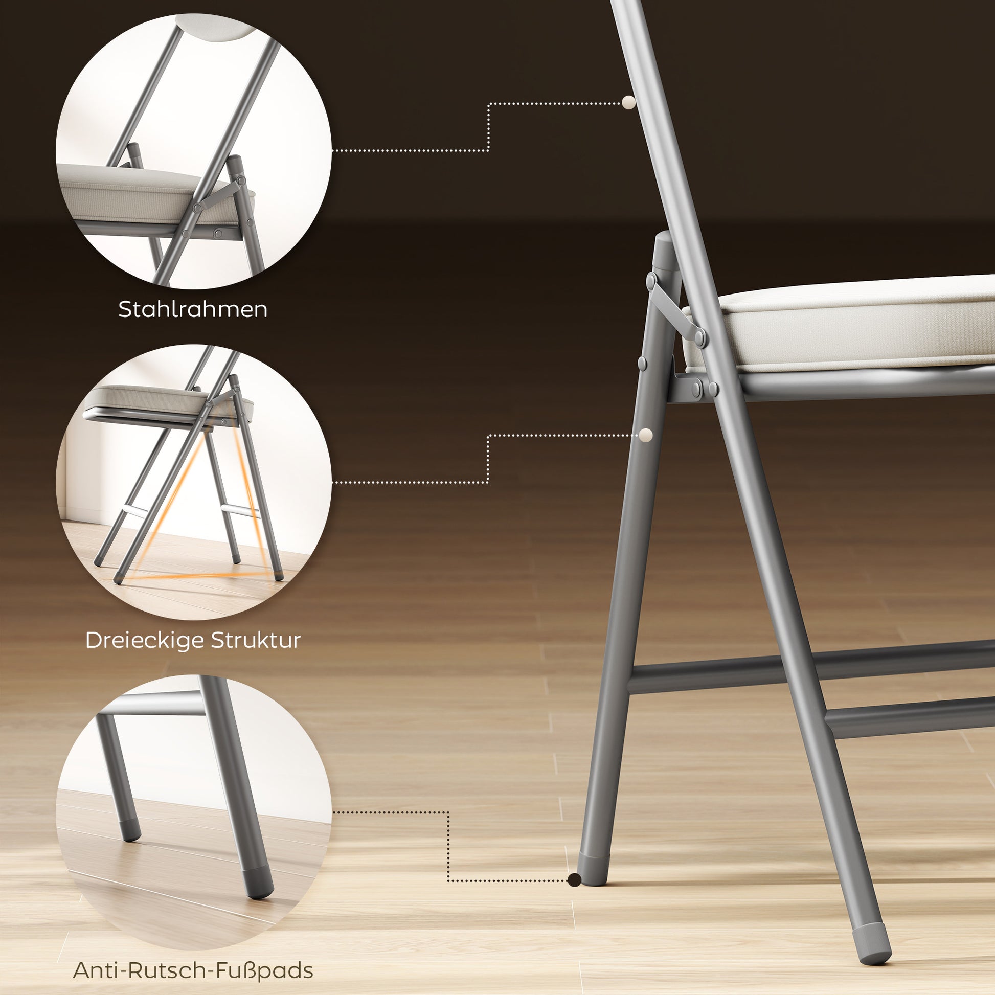 Folding Chair 4-Piece Set, Padded Back Camping Chair with Steel Frame, Kitchen Chair with Padding up to 120 kg Capacity for Guests, Office, Camping, Cream White
