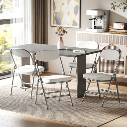 Folding Chair 4-Piece Set, Padded Back Camping Chair with Steel Frame, Kitchen Chair with Padding up to 120 kg Capacity for Guests, Office, Camping, Cream White