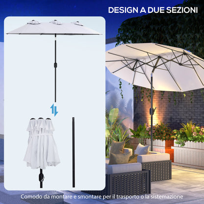Double Garden Umbrella with 45° Tilt Crank and 3 Air Vents, Outdoor Umbrella in Steel and Polyester, 295x152x222 cm, Cream