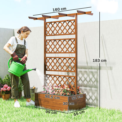 Pine Raised Planter with Trellis & Roof, Raised Garden Bed for Climbers, Balcony & Garden, 63 × 21.7 × 72 in (160 × 55 × 183 cm) - Orange