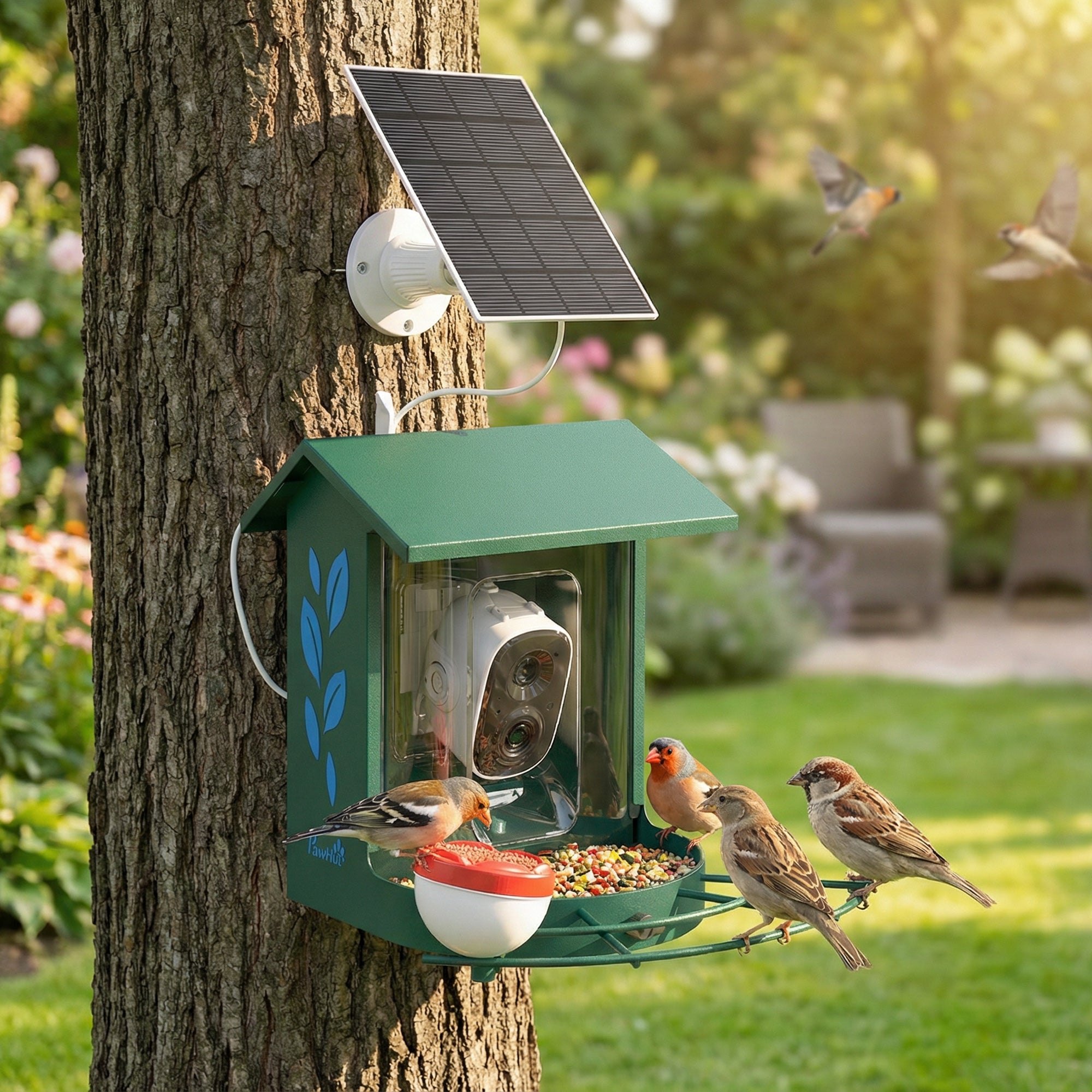 AI Bird Feeder with Camera — Identifies 16,000+ Species, 2K HD Video, App Alerts, 3W Solar Panel, 32GB SD, Dark Green