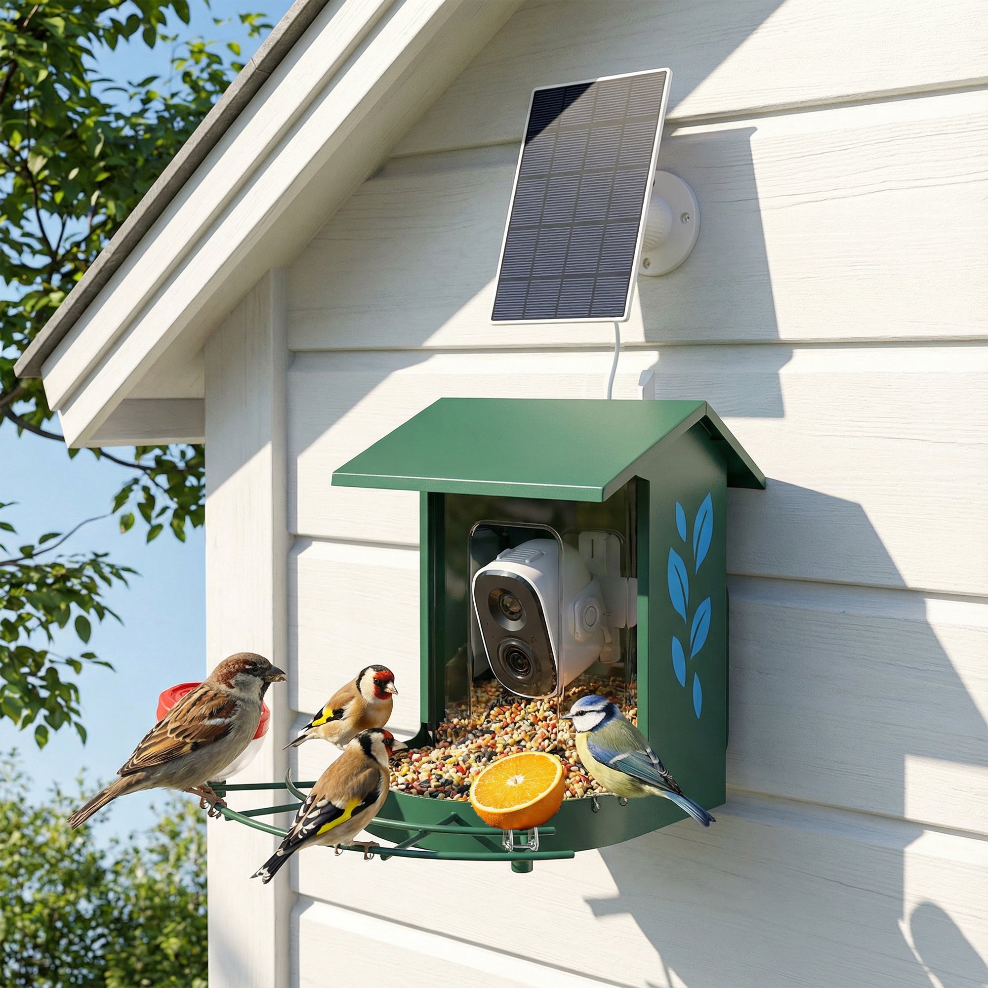 AI Bird Feeder with Camera — Identifies 16,000+ Species, 2K HD Video, App Alerts, 3W Solar Panel, 32GB SD, Dark Green
