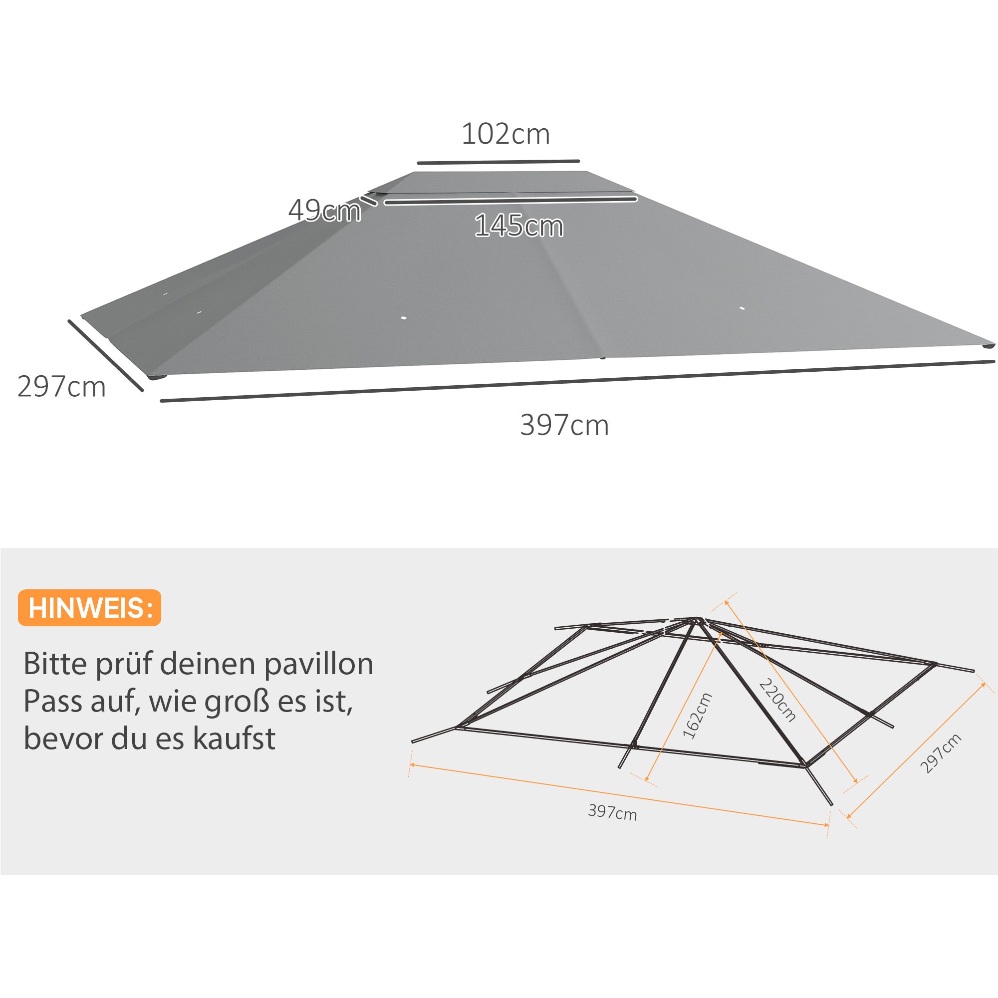 Replacement Roof for 4 x 3m Gazebo, Water-Resistant Pavilion Canopy with UV Protection 30+, Polyester Cover Replacement for Garden Gazebo, Polyester Fabric, 180 g/m², Light Grey