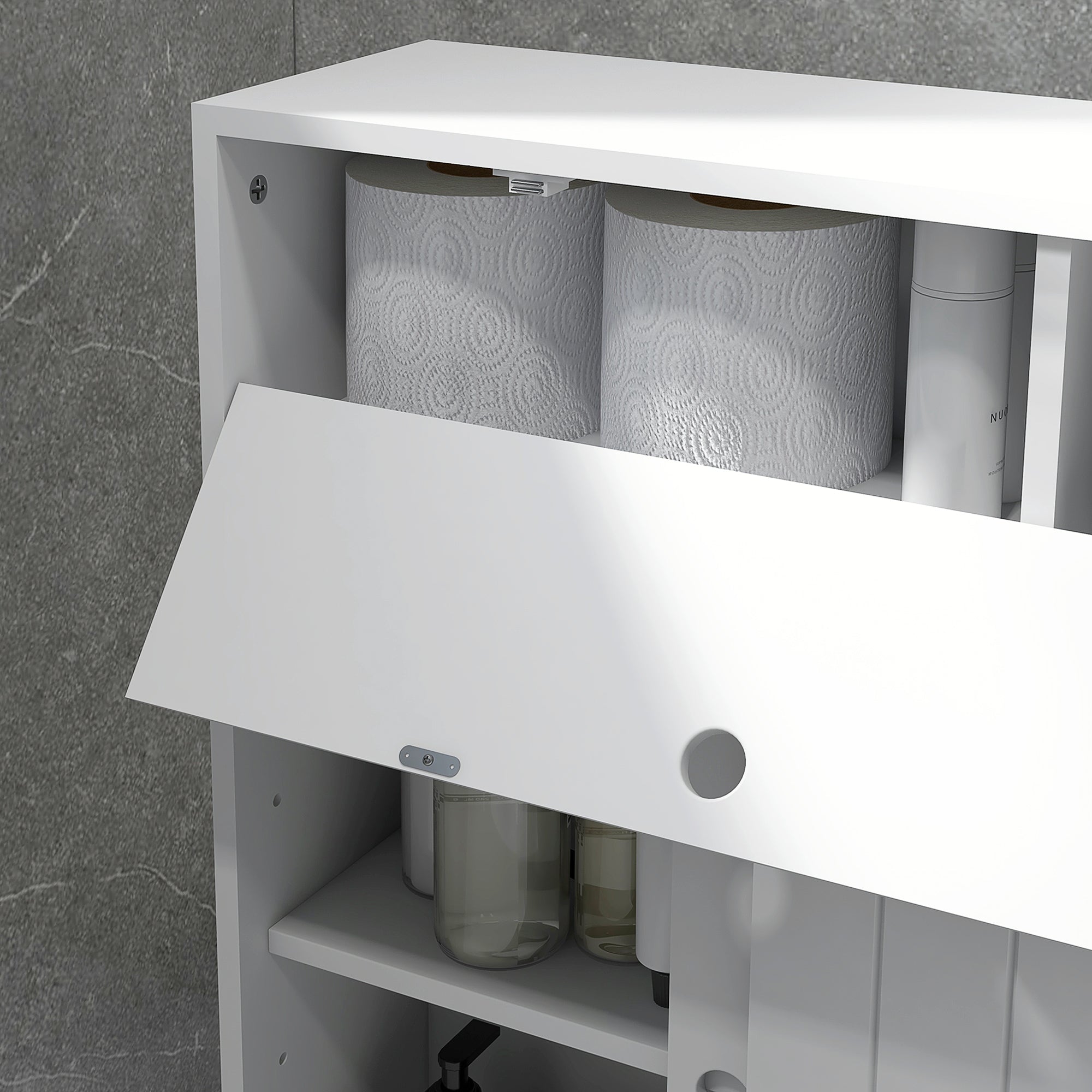 Modern Bathroom Auxiliary Cabinet with 4 Wheels 2 Paper Holes 2 Cabinets and Adjustable Shelves Storage Unit for Living Room 20.5x6.7x26.4 inches White
