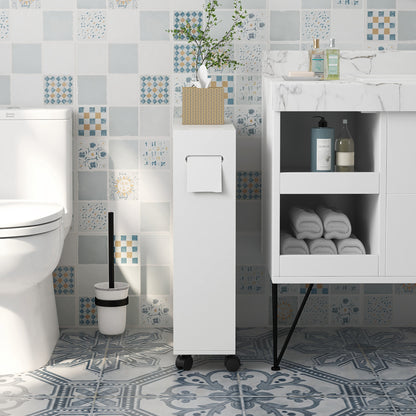 Modern Bathroom Auxiliary Cabinet with 4 Wheels 2 Paper Holes 2 Cabinets and Adjustable Shelves Storage Unit for Living Room 20.5x6.7x26.4 inches White
