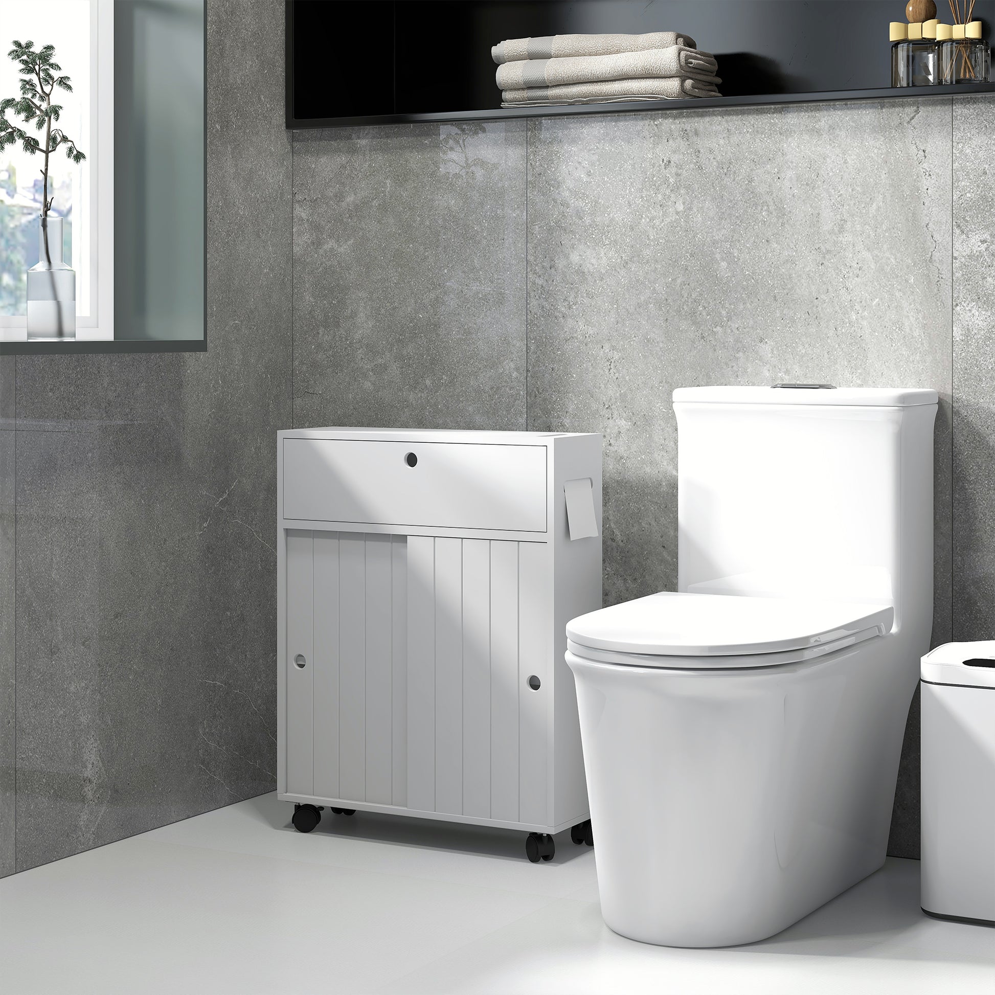 Modern Bathroom Auxiliary Cabinet with 4 Wheels 2 Paper Holes 2 Cabinets and Adjustable Shelves Storage Unit for Living Room 20.5x6.7x26.4 inches White