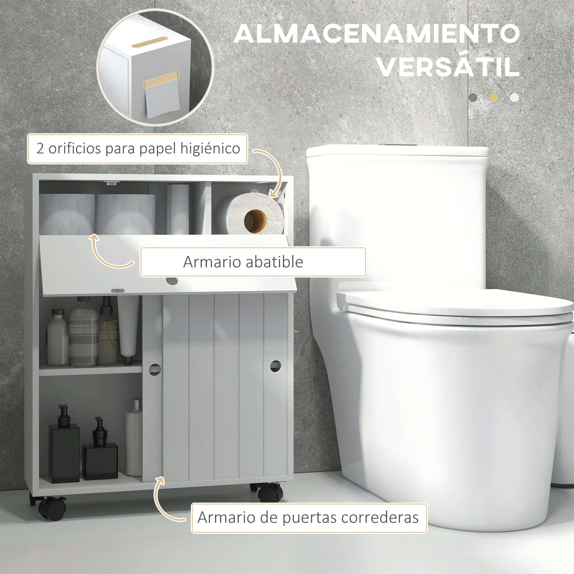 Modern Bathroom Auxiliary Cabinet with 4 Wheels 2 Paper Holes 2 Cabinets and Adjustable Shelves Storage Unit for Living Room 20.5x6.7x26.4 inches White