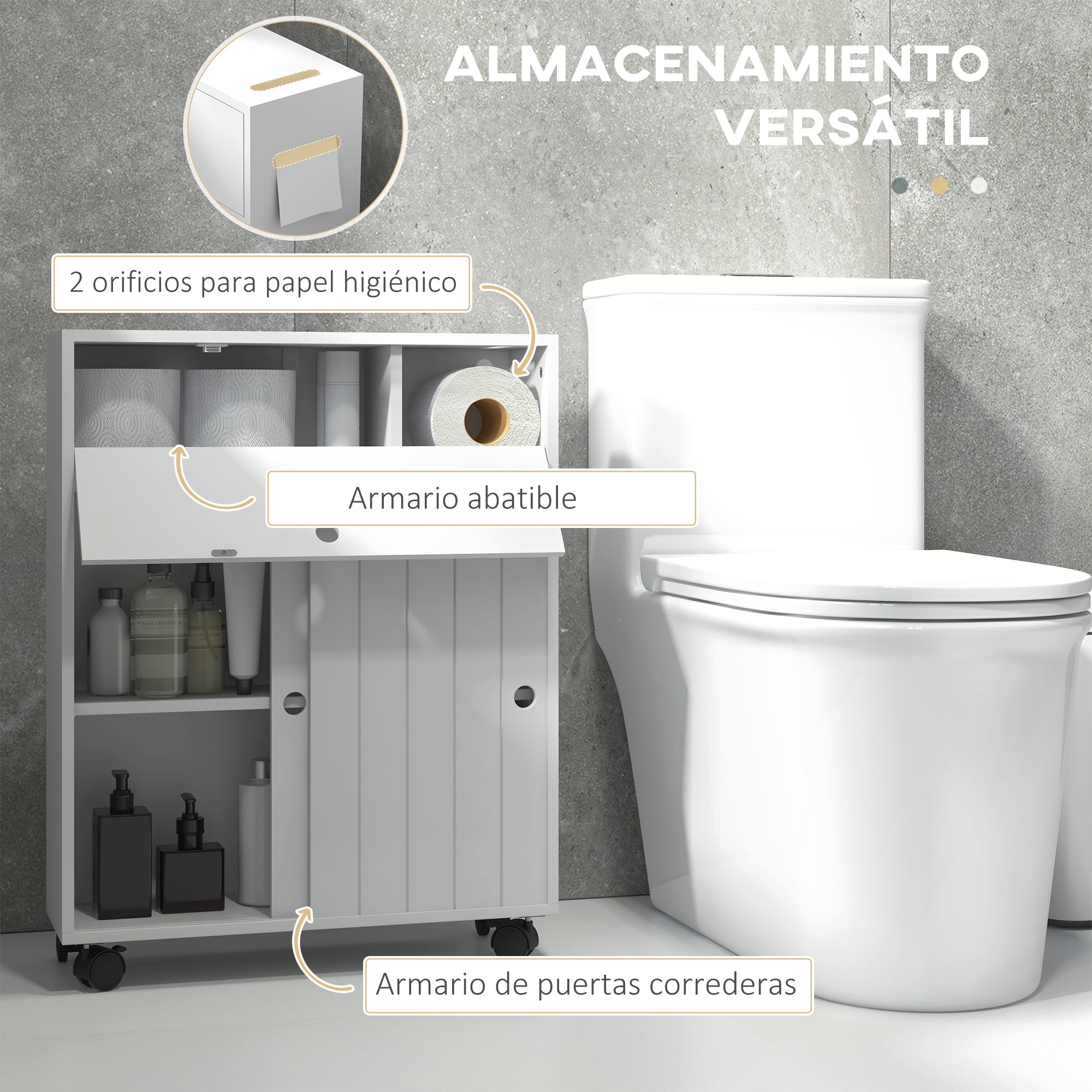 Modern Bathroom Auxiliary Cabinet with 4 Wheels 2 Paper Holes 2 Cabinets and Adjustable Shelves Storage Unit for Living Room 20.5x6.7x26.4 inches White