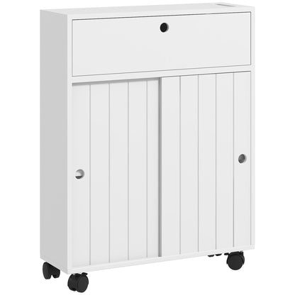Modern Bathroom Auxiliary Cabinet with 4 Wheels 2 Paper Holes 2 Cabinets and Adjustable Shelves Storage Unit for Living Room 20.5x6.7x26.4 inches White