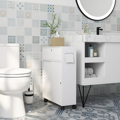 Modern Bathroom Auxiliary Cabinet with 4 Wheels 2 Paper Holes 2 Cabinets and Adjustable Shelves Storage Unit for Living Room 20.5x6.7x26.4 inches White