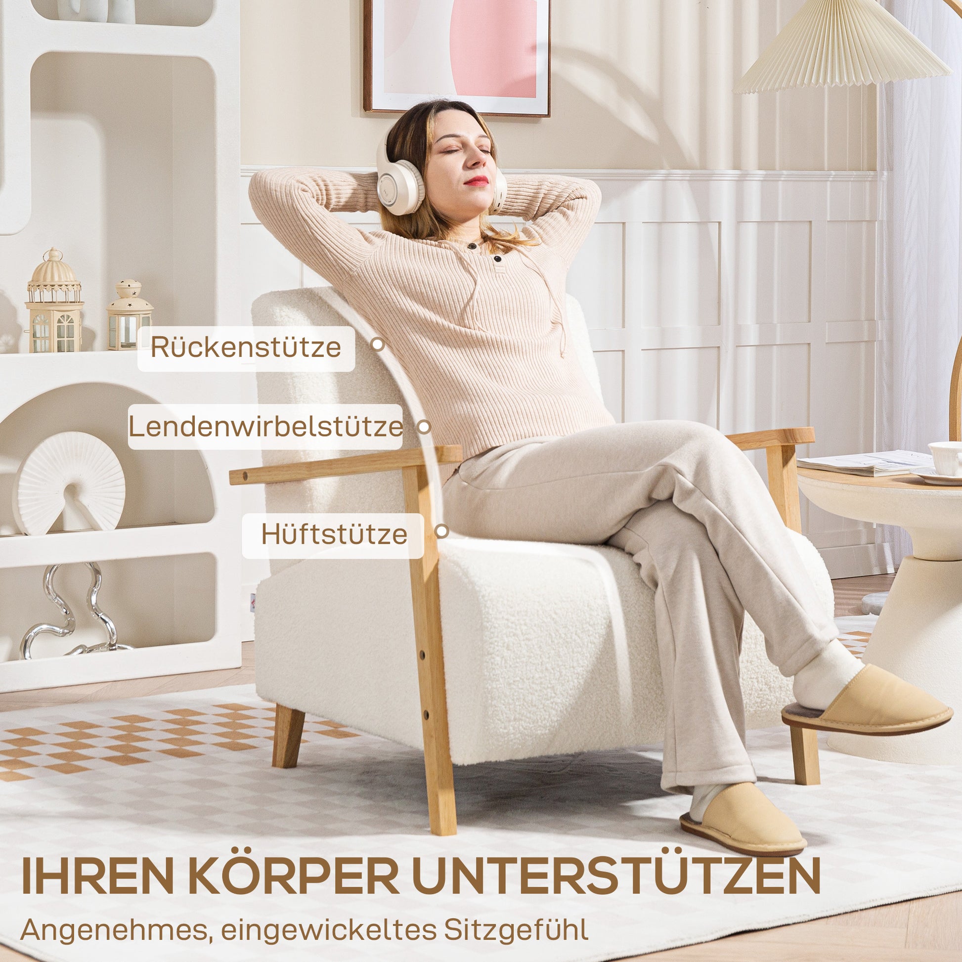 Armchair with Backrest, Armrests, Upholstered Lounge Chair with Sherpa Look, Wooden Legs, for Bedroom, Living Room, up to 120 kg, Cream White