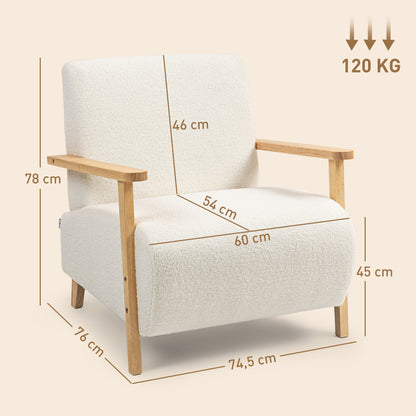 Armchair with Backrest, Armrests, Upholstered Lounge Chair with Sherpa Look, Wooden Legs, for Bedroom, Living Room, up to 120 kg, Cream White