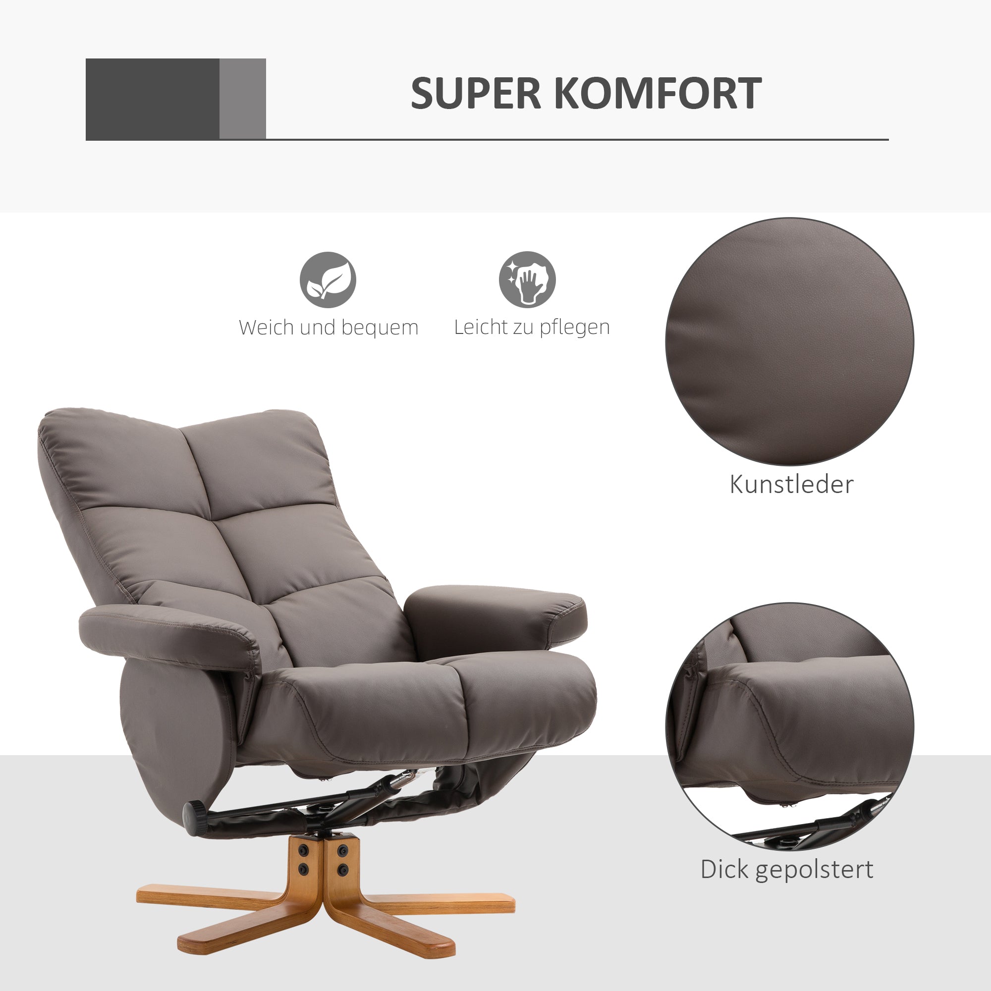 Recliner with Footstool, Storage, Padded TV Chair with Reclining Function, 360° Rotatable TV Chair for Bedroom, Living Room, Faux Leather, Brown