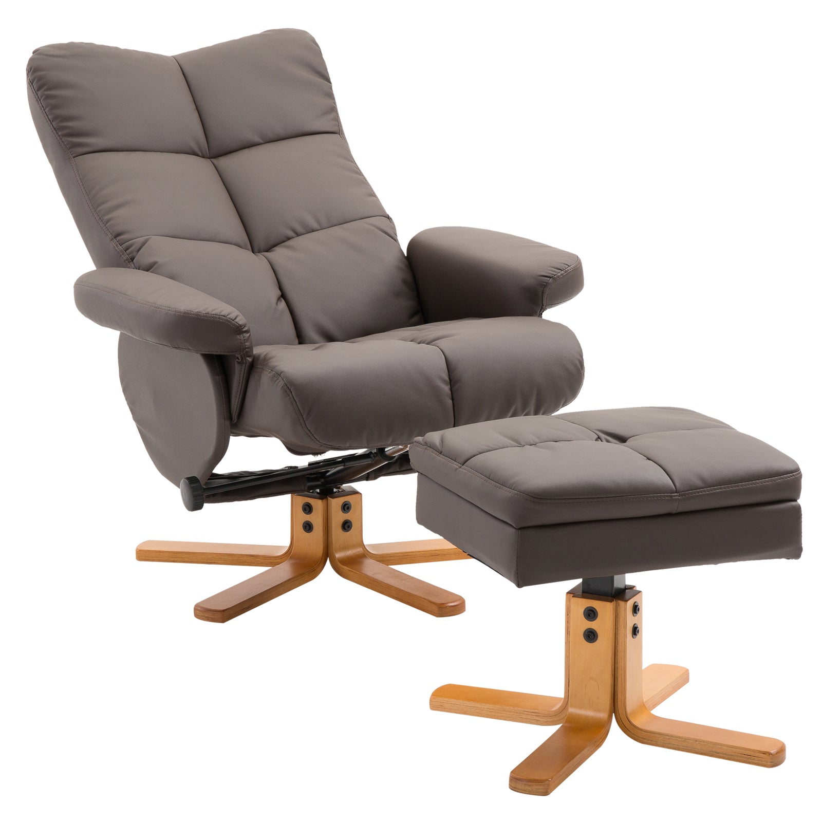 Recliner with Footstool, Storage, Padded TV Chair with Reclining Function, 360° Rotatable TV Chair for Bedroom, Living Room, Faux Leather, Brown
