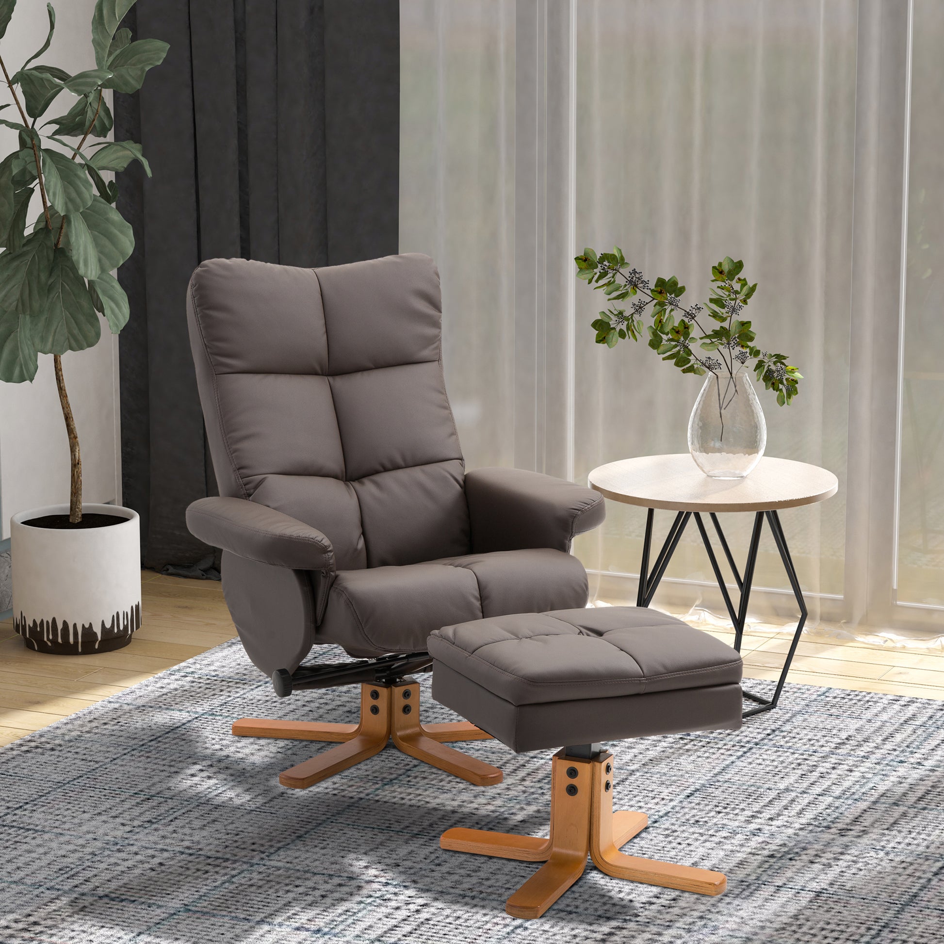 Recliner with Footstool, Storage, Padded TV Chair with Reclining Function, 360° Rotatable TV Chair for Bedroom, Living Room, Faux Leather, Brown