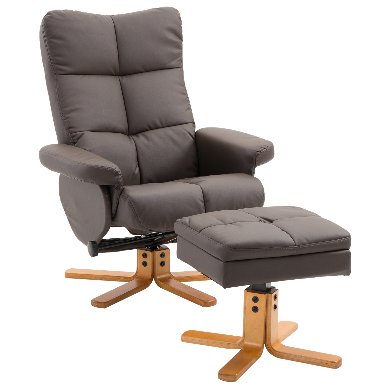 Recliner with Footstool, Storage, Padded TV Chair with Reclining Function, 360° Rotatable TV Chair for Bedroom, Living Room, Faux Leather, Brown