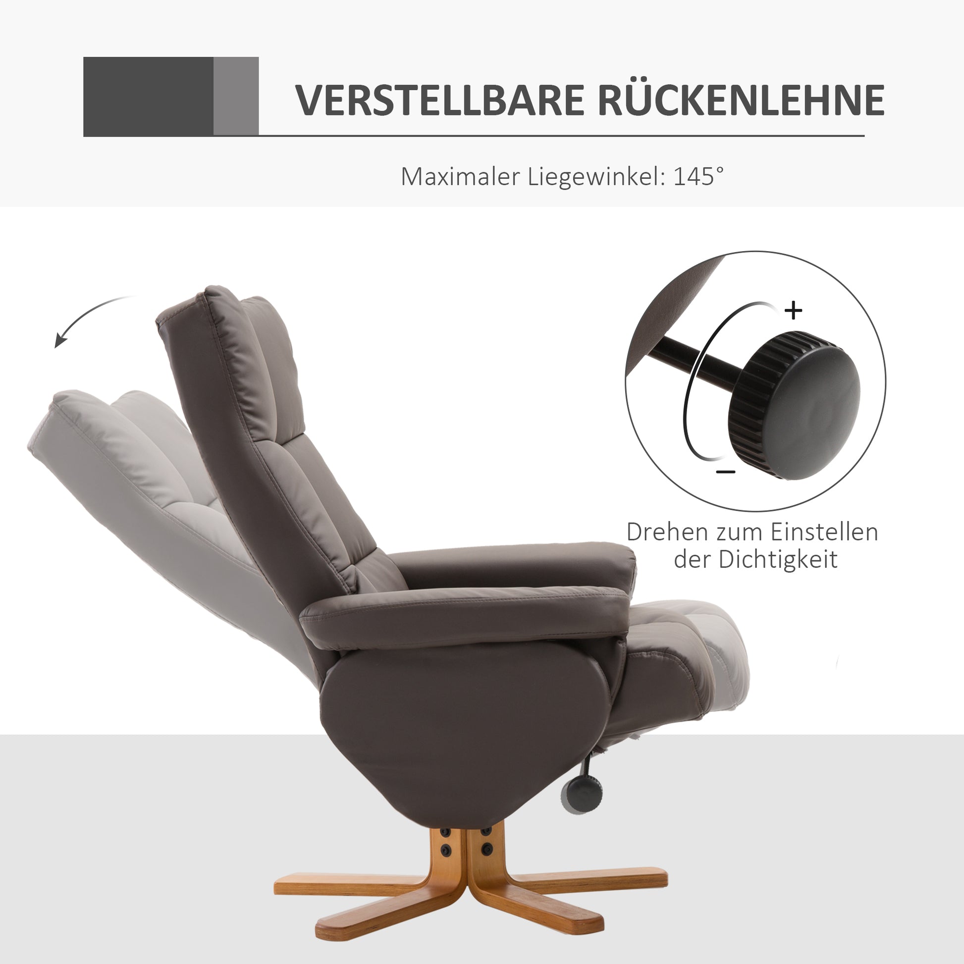 Recliner with Footstool, Storage, Padded TV Chair with Reclining Function, 360° Rotatable TV Chair for Bedroom, Living Room, Faux Leather, Brown
