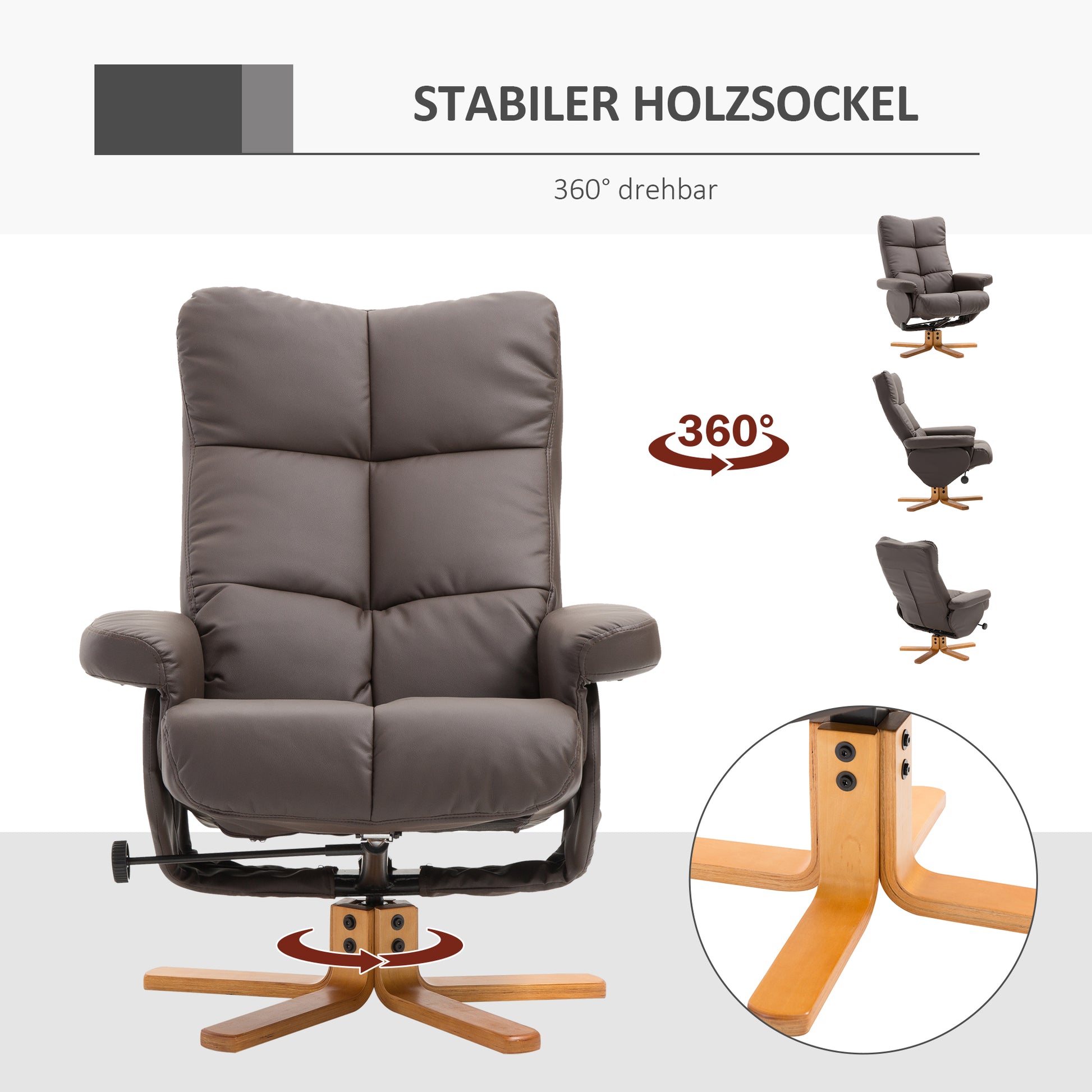 Recliner with Footstool, Storage, Padded TV Chair with Reclining Function, 360° Rotatable TV Chair for Bedroom, Living Room, Faux Leather, Brown