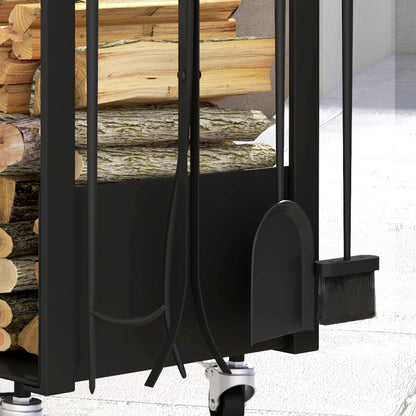 Firewood Rack 48 x 30 x 76 cm Log Rack with Wheels, Shovel, Broom, Poker, Tongs, Side Hooks, Firewood Rack for Outdoor, Indoor, Metal, Black