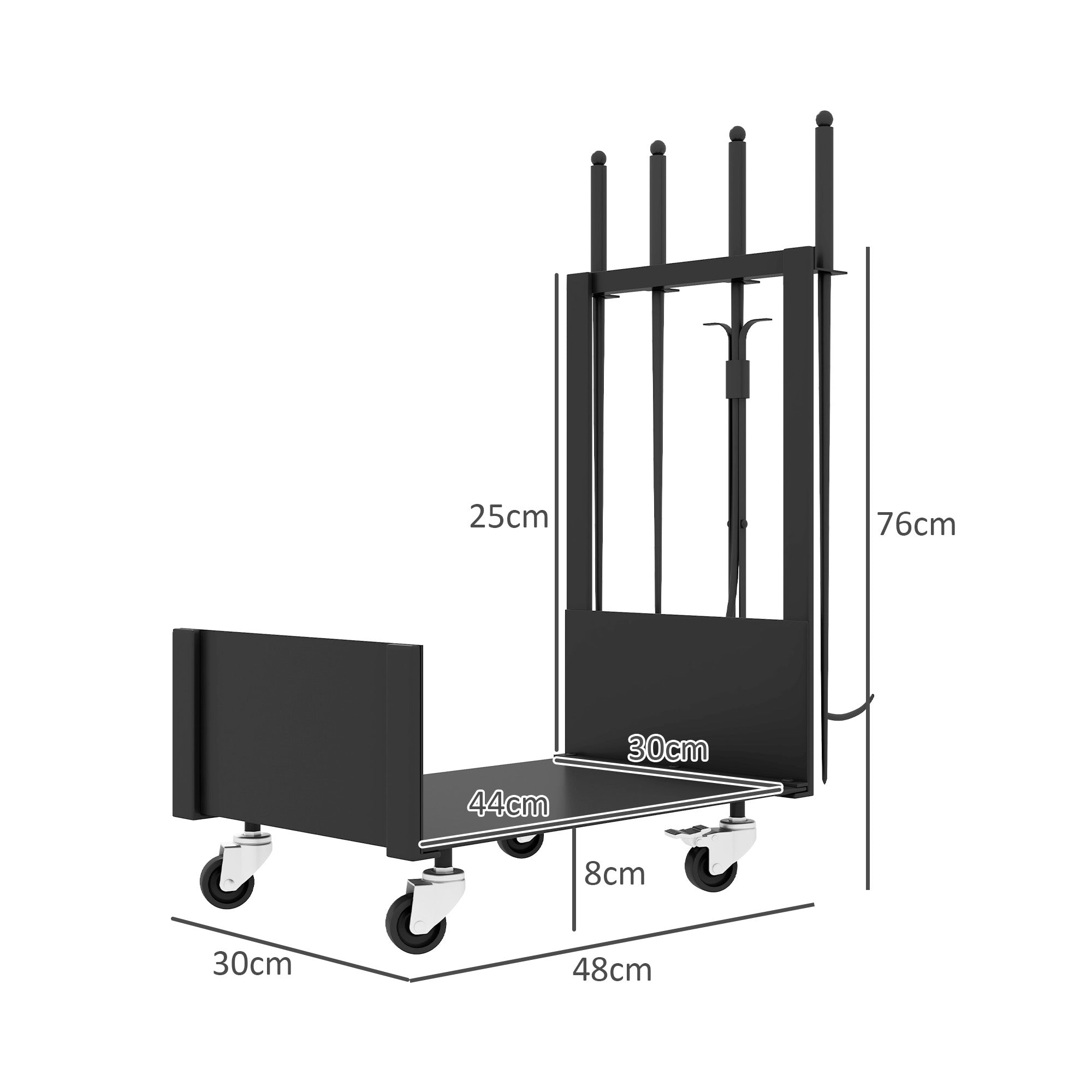 Firewood Rack 48 x 30 x 76 cm Log Rack with Wheels, Shovel, Broom, Poker, Tongs, Side Hooks, Firewood Rack for Outdoor, Indoor, Metal, Black