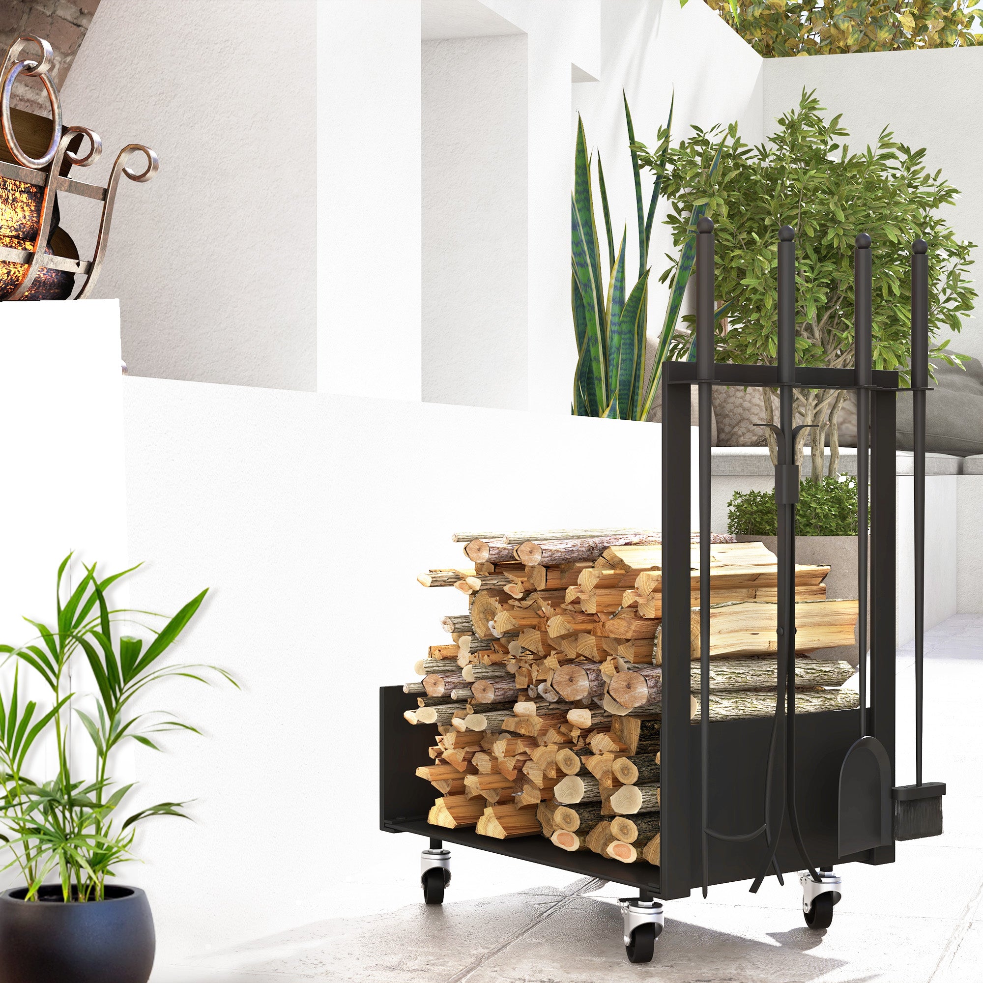 Firewood Rack 48 x 30 x 76 cm Log Rack with Wheels, Shovel, Broom, Poker, Tongs, Side Hooks, Firewood Rack for Outdoor, Indoor, Metal, Black