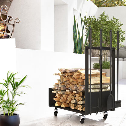 Firewood Rack 48 x 30 x 76 cm Log Rack with Wheels, Shovel, Broom, Poker, Tongs, Side Hooks, Firewood Rack for Outdoor, Indoor, Metal, Black