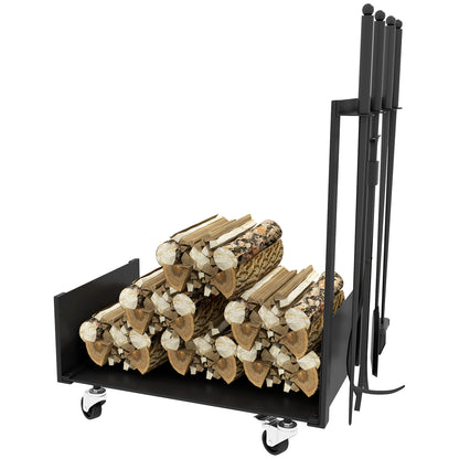 Firewood Rack 48 x 30 x 76 cm Log Rack with Wheels, Shovel, Broom, Poker, Tongs, Side Hooks, Firewood Rack for Outdoor, Indoor, Metal, Black