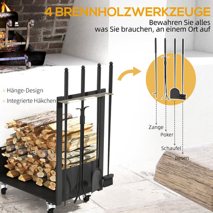Firewood Rack 48 x 30 x 76 cm Log Rack with Wheels, Shovel, Broom, Poker, Tongs, Side Hooks, Firewood Rack for Outdoor, Indoor, Metal, Black