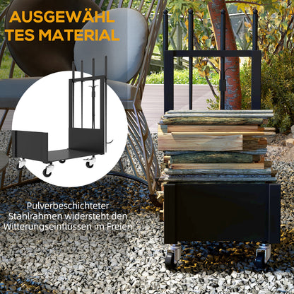 Firewood Rack 48 x 30 x 76 cm Log Rack with Wheels, Shovel, Broom, Poker, Tongs, Side Hooks, Firewood Rack for Outdoor, Indoor, Metal, Black