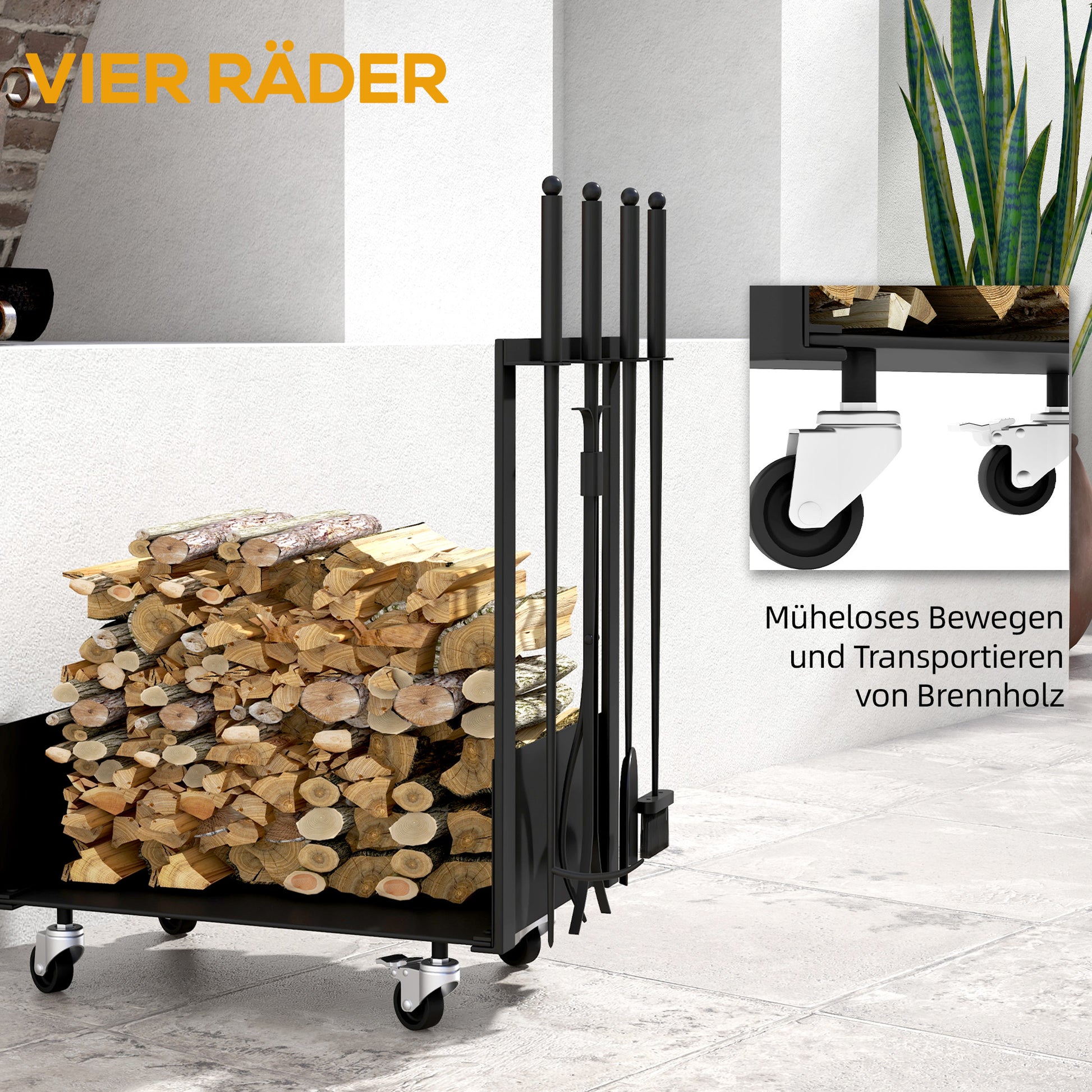 Firewood Rack 48 x 30 x 76 cm Log Rack with Wheels, Shovel, Broom, Poker, Tongs, Side Hooks, Firewood Rack for Outdoor, Indoor, Metal, Black