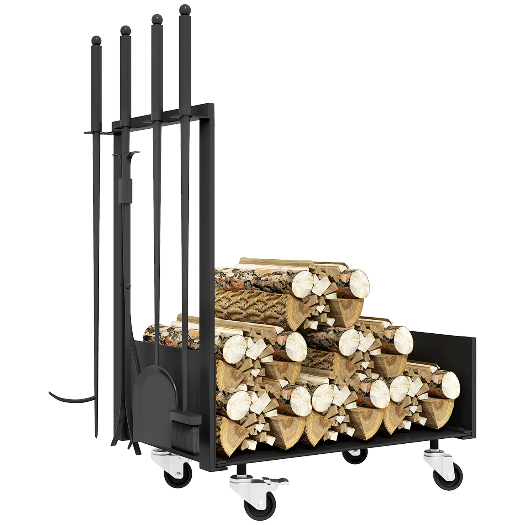 Firewood Rack 48 x 30 x 76 cm Log Rack with Wheels, Shovel, Broom, Poker, Tongs, Side Hooks, Firewood Rack for Outdoor, Indoor, Metal, Black