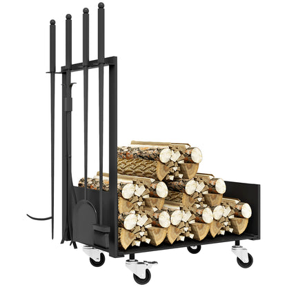 Firewood Rack 48 x 30 x 76 cm Log Rack with Wheels, Shovel, Broom, Poker, Tongs, Side Hooks, Firewood Rack for Outdoor, Indoor, Metal, Black