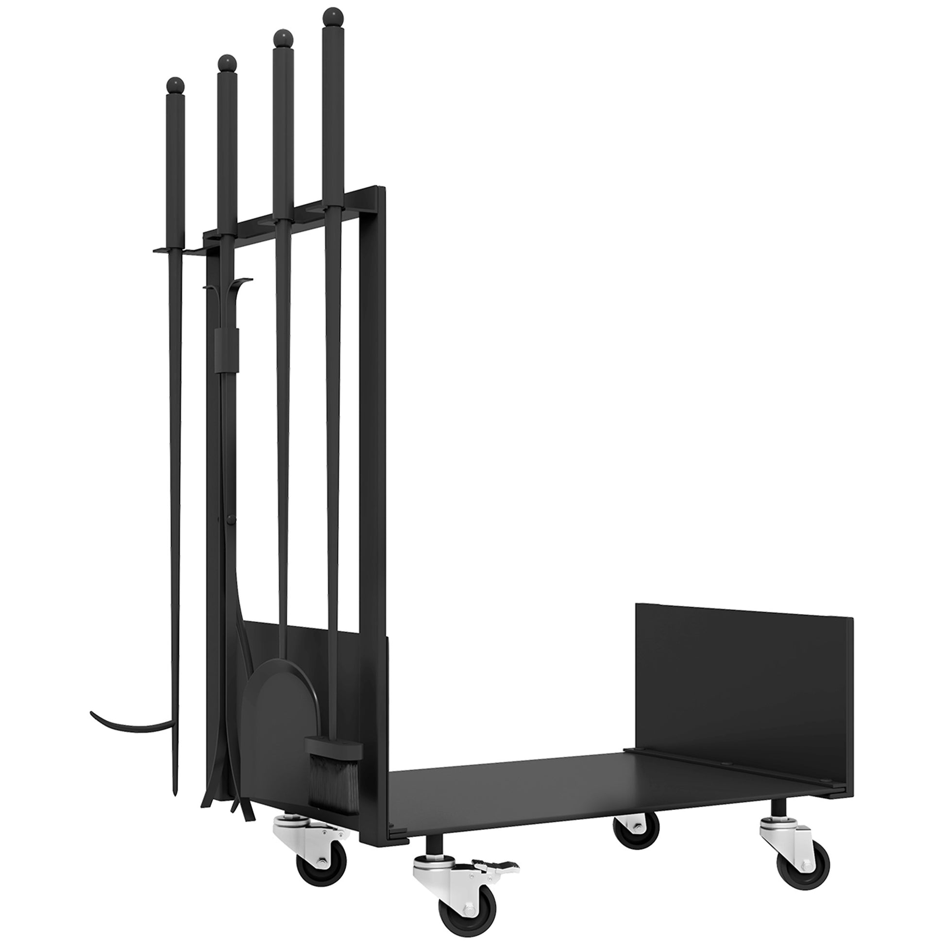Firewood Rack 48 x 30 x 76 cm Log Rack with Wheels, Shovel, Broom, Poker, Tongs, Side Hooks, Firewood Rack for Outdoor, Indoor, Metal, Black