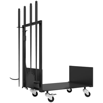 Firewood Rack 48 x 30 x 76 cm Log Rack with Wheels, Shovel, Broom, Poker, Tongs, Side Hooks, Firewood Rack for Outdoor, Indoor, Metal, Black