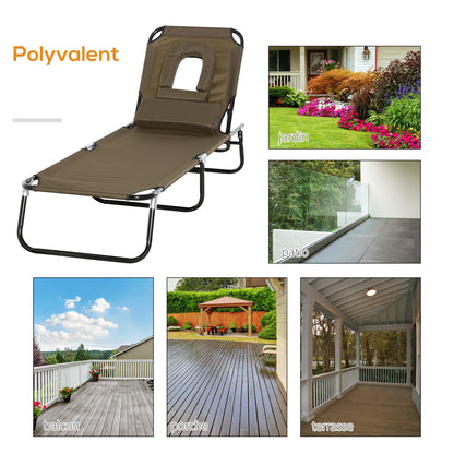 Folding Sun Lounger with Headrest, Reading Hole, 4-Position Reclining Sun Lounger in Oxford 600D, Outdoor Garden Lounger Camping Pool Terrace, 190x56x28cm, Brown