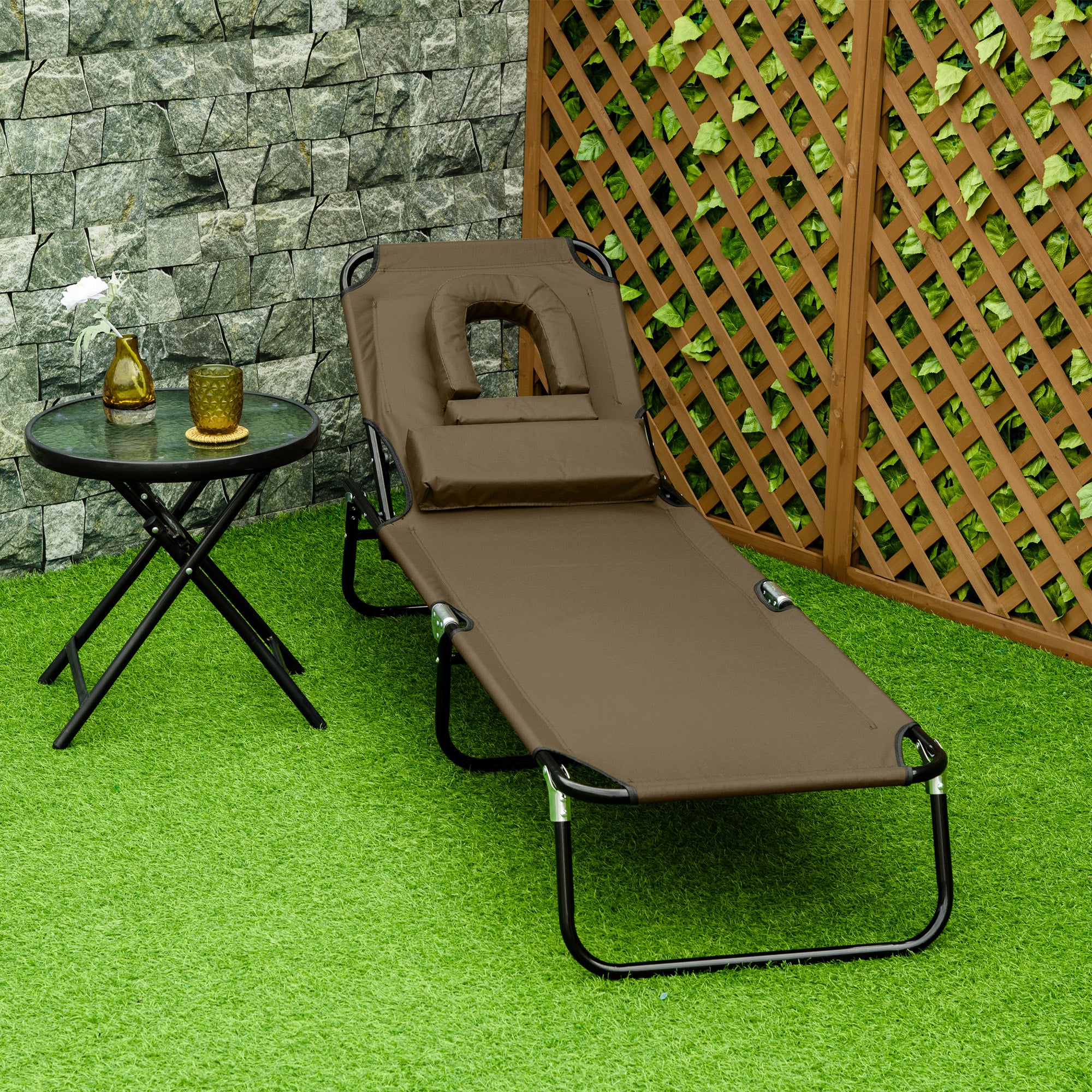 Folding Sun Lounger with Headrest, Reading Hole, 4-Position Reclining Sun Lounger in Oxford 600D, Outdoor Garden Lounger Camping Pool Terrace, 190x56x28cm, Brown