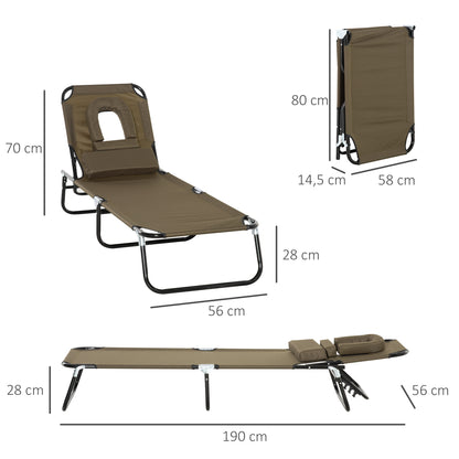 Folding Sun Lounger with Headrest, Reading Hole, 4-Position Reclining Sun Lounger in Oxford 600D, Outdoor Garden Lounger Camping Pool Terrace, 190x56x28cm, Brown
