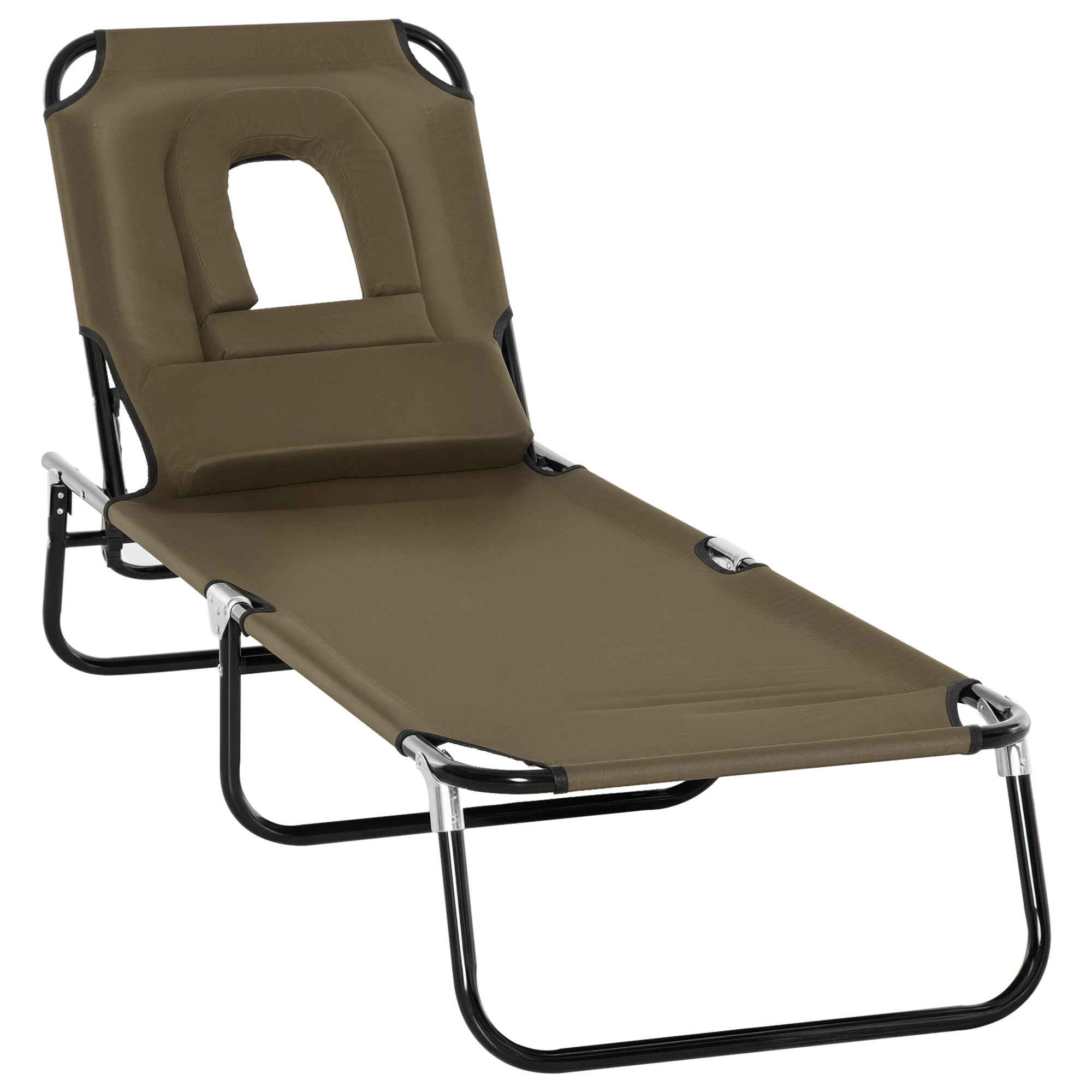 Folding Sun Lounger with Headrest, Reading Hole, 4-Position Reclining Sun Lounger in Oxford 600D, Outdoor Garden Lounger Camping Pool Terrace, 190x56x28cm, Brown