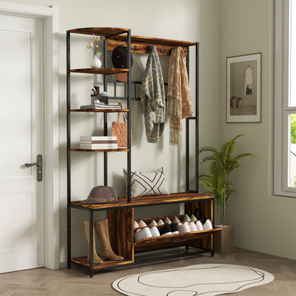Coat Rack Shoe Bench Entryway Hall Tree 4 in 1 with Shoe Rack 2-Tier Shelves Hooks Compartment and Anti-Tip System for Hallway Bedroom 120x35x180 cm Dark Brown