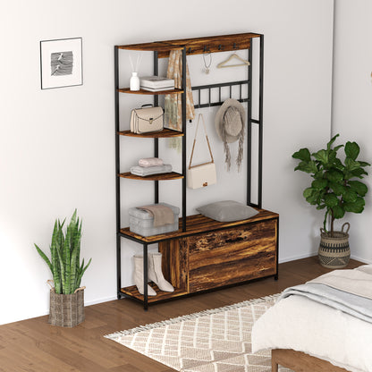 Coat Rack Shoe Bench Entryway Hall Tree 4 in 1 with Shoe Rack 2-Tier Shelves Hooks Compartment and Anti-Tip System for Hallway Bedroom 120x35x180 cm Dark Brown