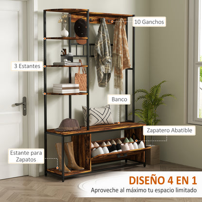 Coat Rack Shoe Bench Entryway Hall Tree 4 in 1 with Shoe Rack 2-Tier Shelves Hooks Compartment and Anti-Tip System for Hallway Bedroom 120x35x180 cm Dark Brown