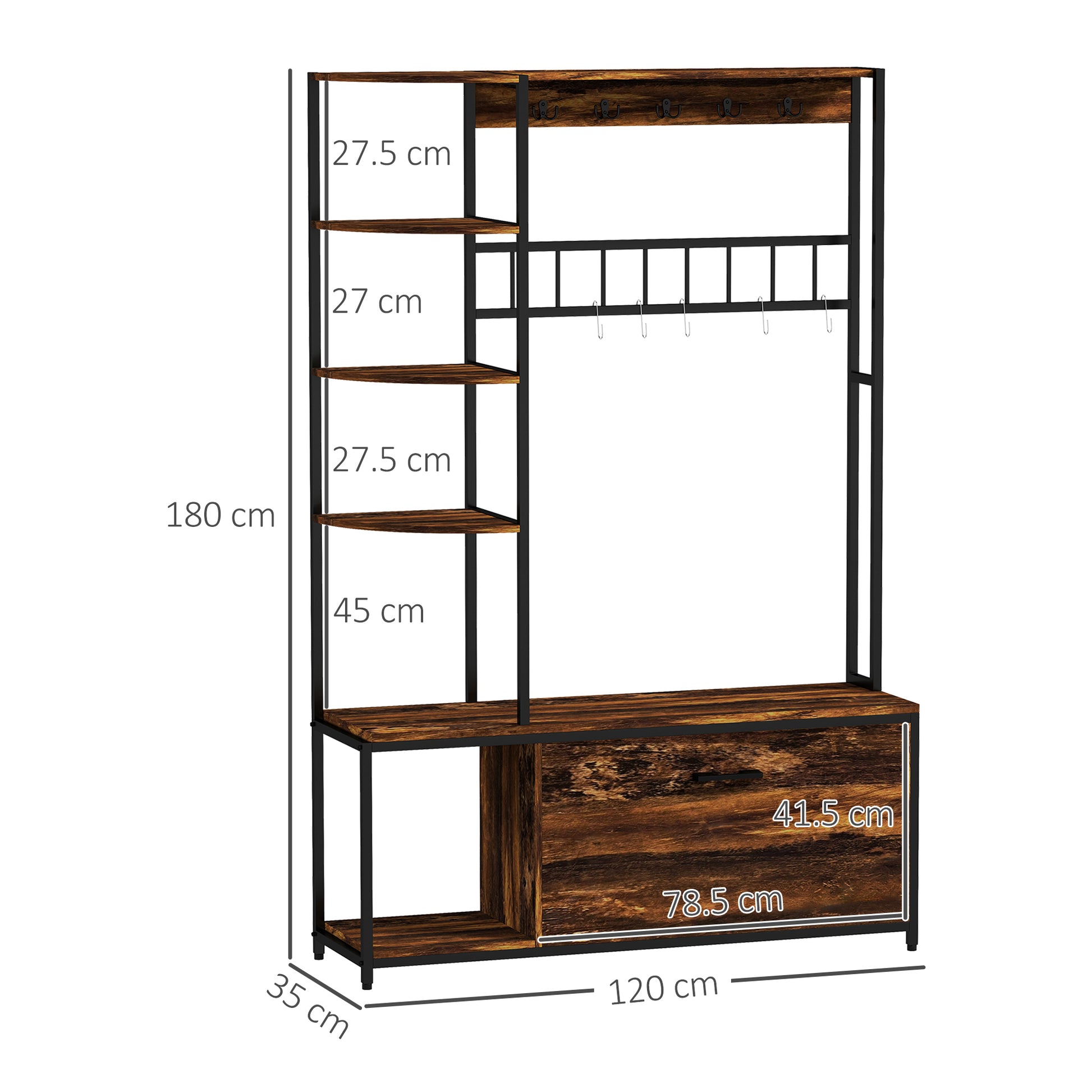 Coat Rack Shoe Bench Entryway Hall Tree 4 in 1 with Shoe Rack 2-Tier Shelves Hooks Compartment and Anti-Tip System for Hallway Bedroom 120x35x180 cm Dark Brown